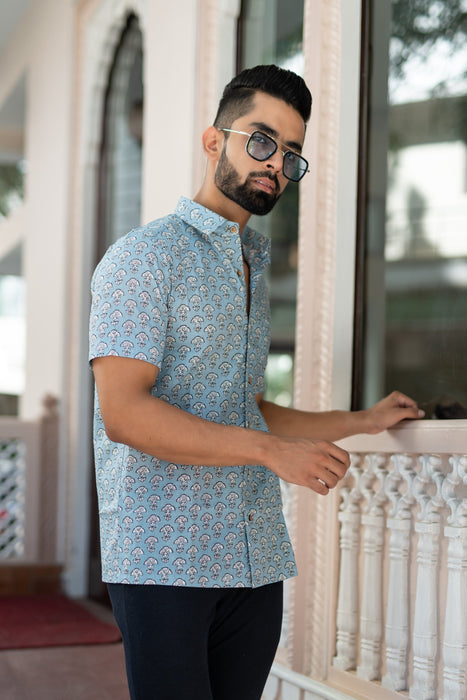 Half Sleeves White Floral Buti Blue Casual Shirt