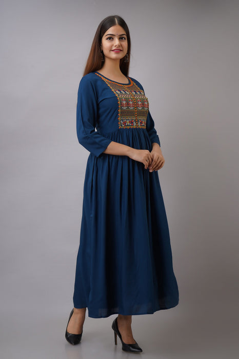 Women's Solid Dyed Rayon Designer Embroidered A-Line Kurta - KR035BLUE