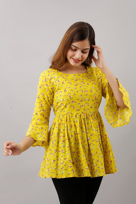 Women's Pure Cotton Printed Hip Length Formal Tops KRT003YELLOW