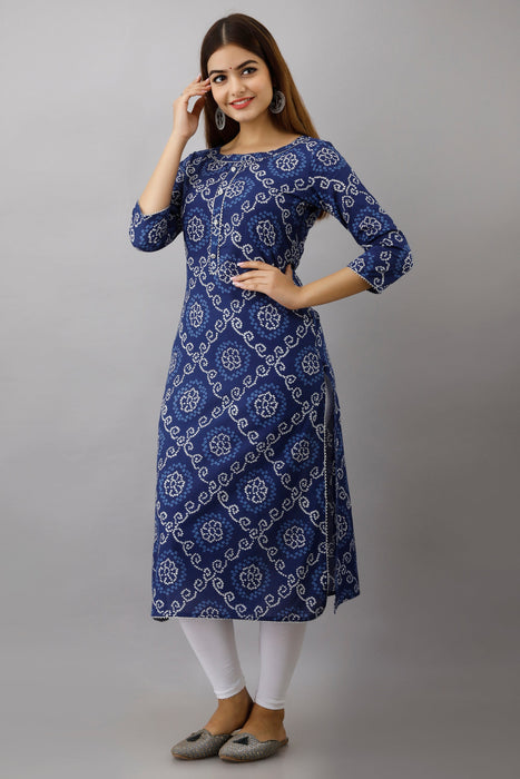 Women's 100% Pure Cotton Printed Calf Length Straight Kurta KR051BLUE