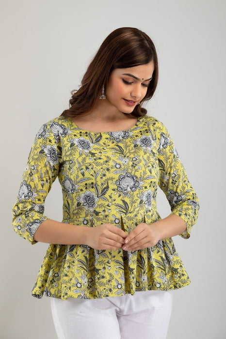 Women's Pure Cotton Printed Hip Length Formal Tops KRT030YELLOW