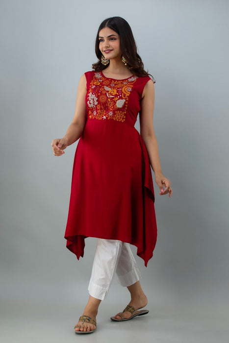 Women's Solid Dyed Rayon Designer Embroidered A-Line Kurta - KR0100MAROON