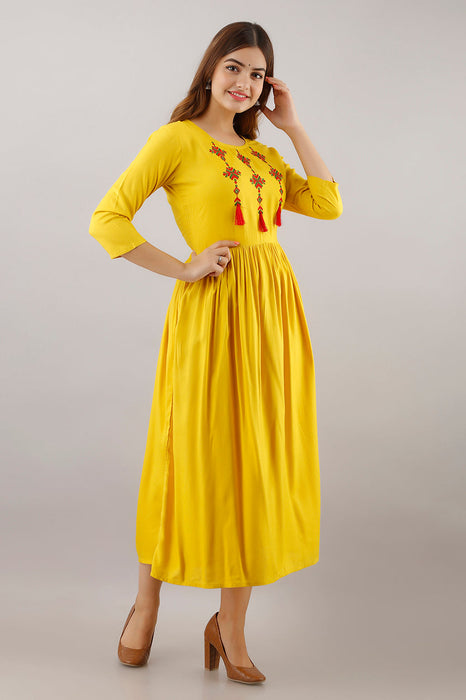 Women's Solid Dyed Rayon Designer Embroidered A-Line Kurta - KR033MUSTARD