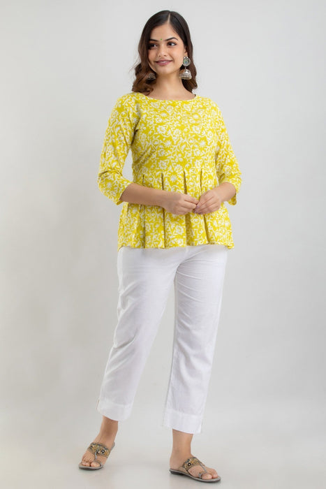 Women's Pure Cotton Printed Hip Length Formal Tops KRT028YELLOW