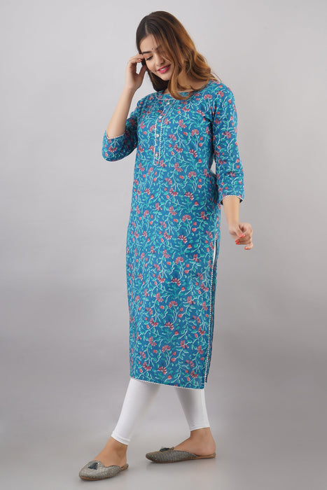 Women's 100% Pure Cotton Printed Calf Length Straight Kurta KR057SKYBLUE