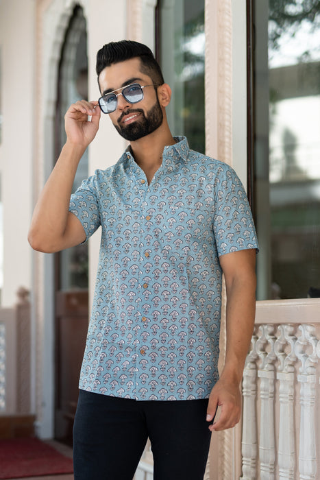 Half Sleeves White Floral Buti Blue Casual Shirt