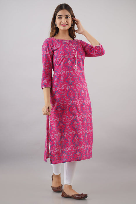 Women's 100% Pure Cotton Printed Calf Length Straight Kurta KR051PINK