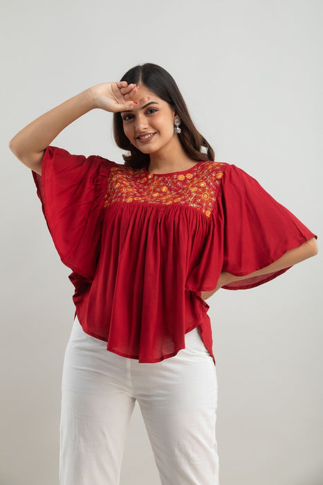 Women's Rayon embroidered Hip Length Formal Tops KRT019MAROON