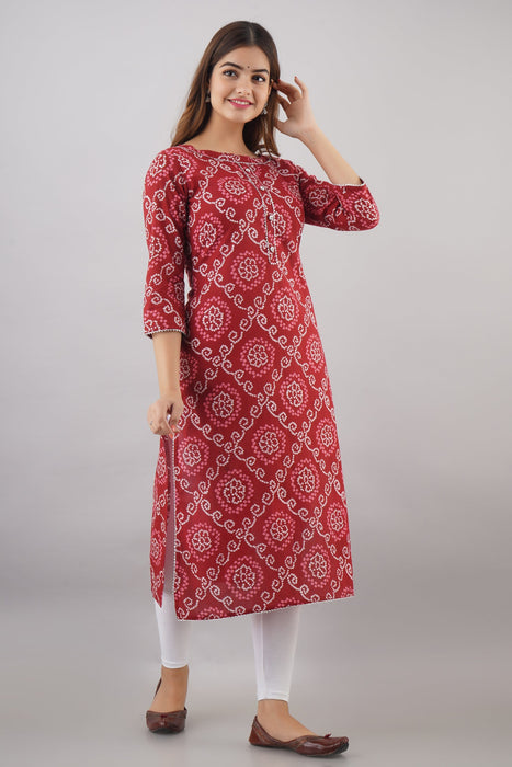 Women's 100% Pure Cotton Printed Calf Length Straight Kurta KR051RED