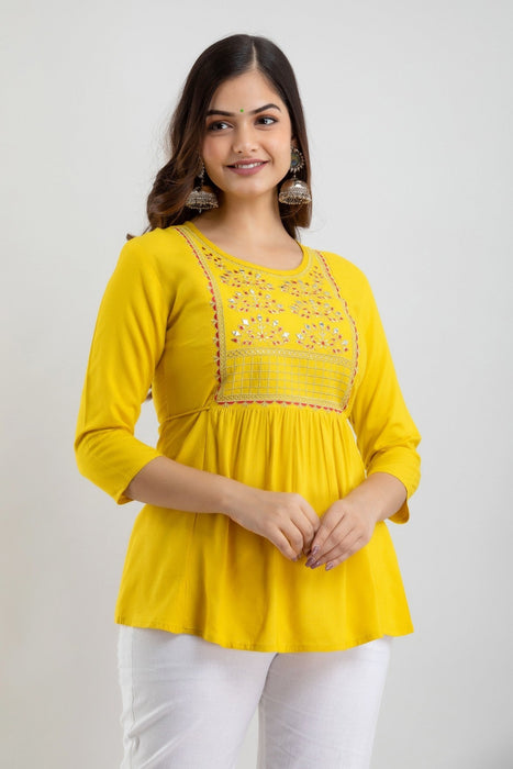 Women's Rayon embroidered Hip Length Formal Tops KRT021MUSTARD