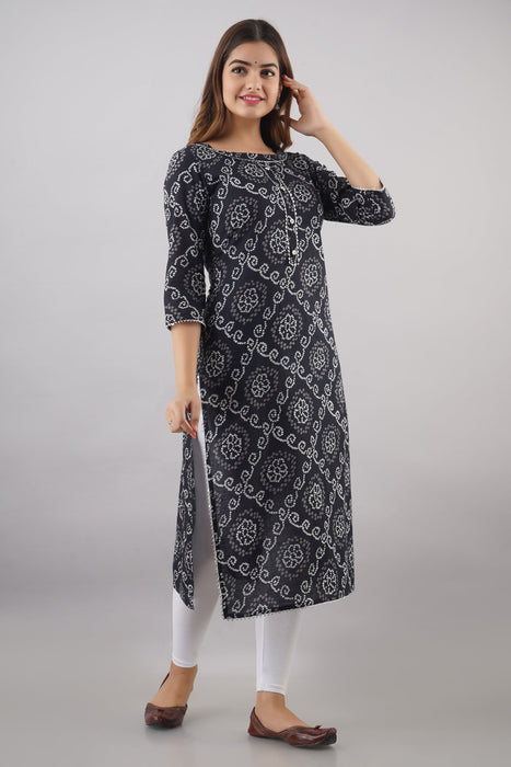 Women's 100% Pure Cotton Printed Calf Length Straight Kurta KR051BLACK