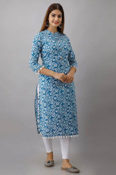 Women's Pure Cotton Printed Calf Length Straight Kurta KR049SKYBLUE