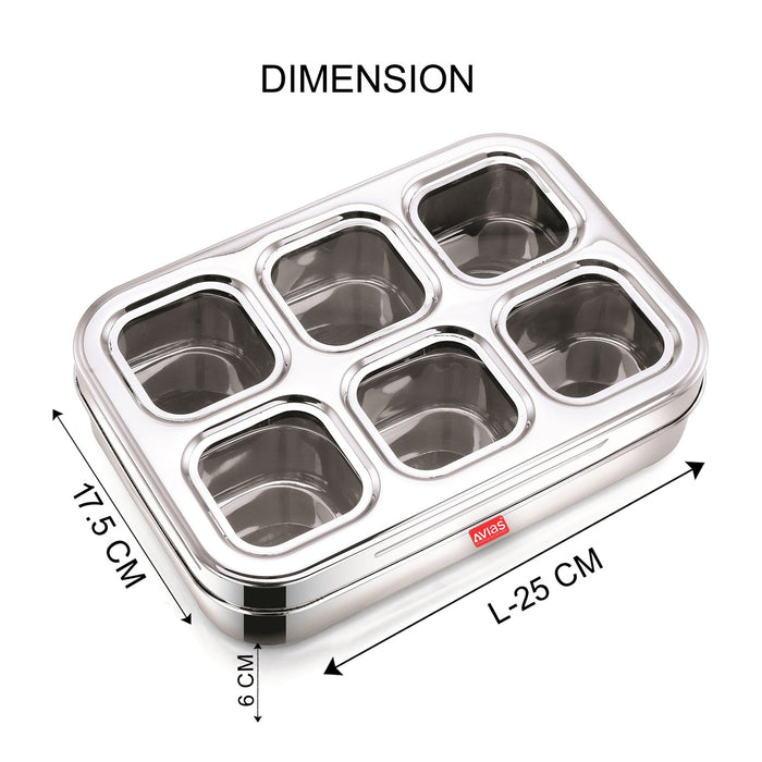 Stainless Steel Dry Fruit Cum Spice Box With 6 Square Compartments (Design) | See-Through Lid With Break Resistant Acrylic Sheet | High Durability | Masala Dani | Masala Dabba| Dryfruit Box | Organiser