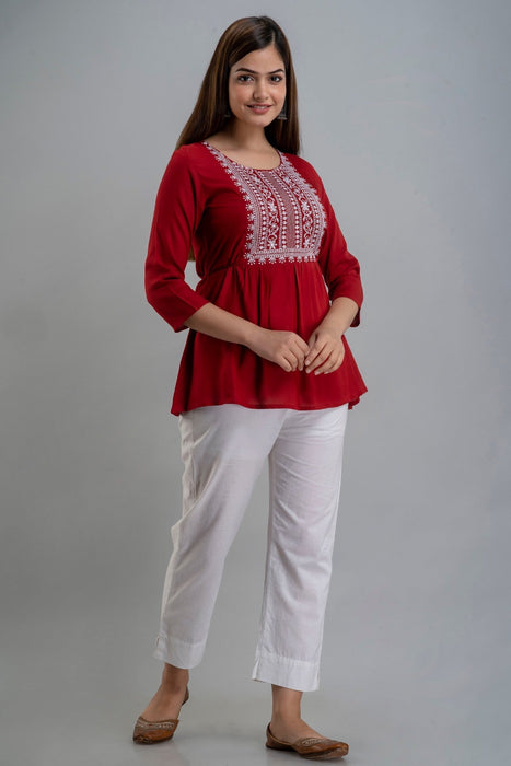 Women's Rayon embroidered Hip Length Formal Tops KRT035MAROON