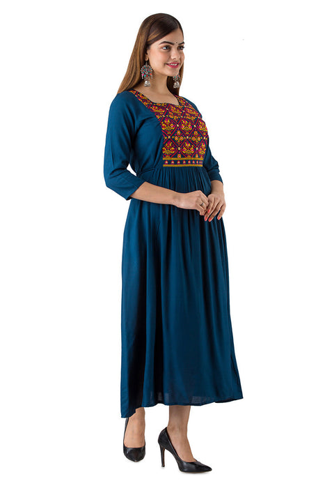 Women's Solid Dyed Rayon Designer Embroidered A-Line Kurta - KR085BLUE