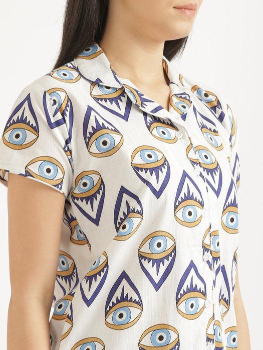 Button Down White Evil Eye Co-ord Set-CK-WHITEEVILEYE-BD