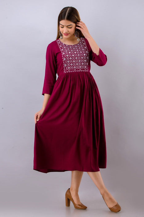 Women's Solid Dyed Rayon Designer Embroidered A-Line Kurta - KR065WINE