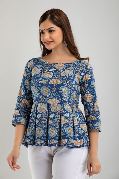 Women's Pure Cotton Printed Hip Length Formal Tops KRT031BLUE