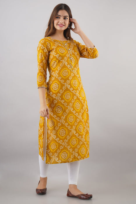 Women's 100% Pure Cotton Printed Calf Length Straight Kurta KR051YELLOW