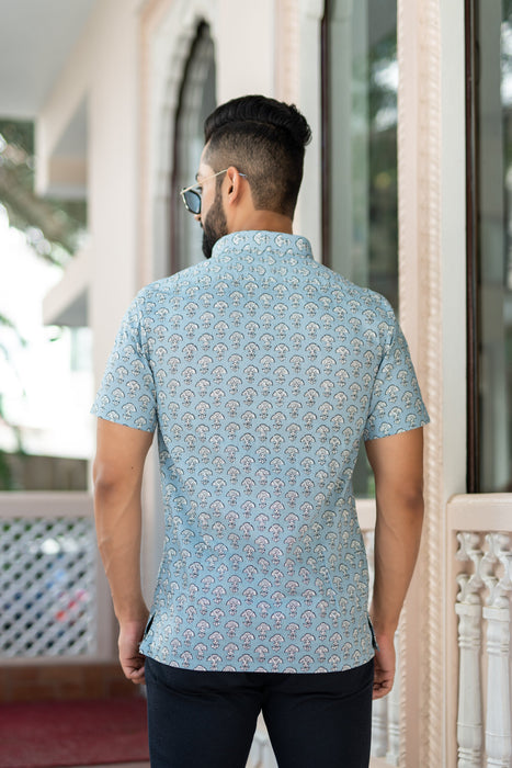 Half Sleeves White Floral Buti Blue Casual Shirt