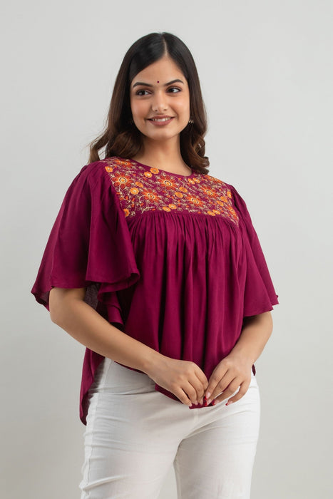 Women's Rayon embroidered Hip Length Formal Tops KRT019WINE