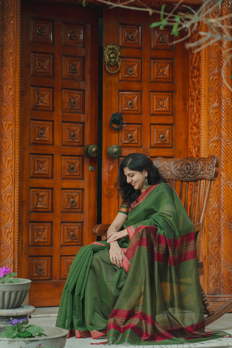 Maheshwari Silk Saree - Olive