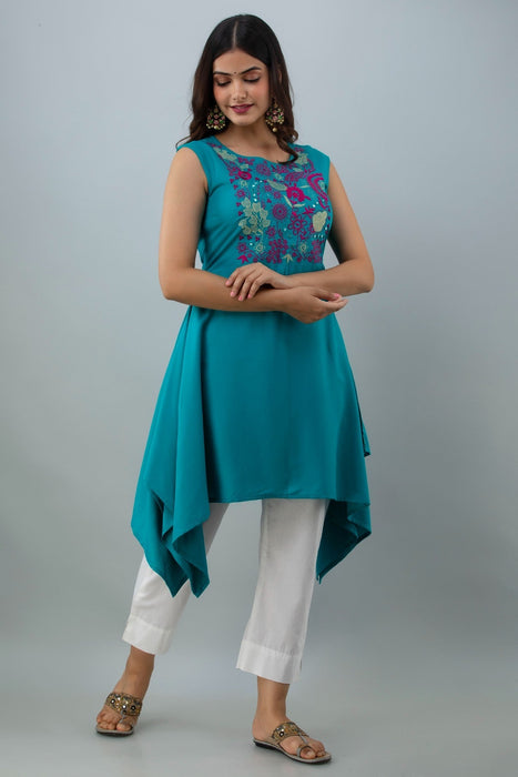 Women's Solid Dyed Rayon Designer Embroidered A-Line Kurta - KR0100TURQUOISE