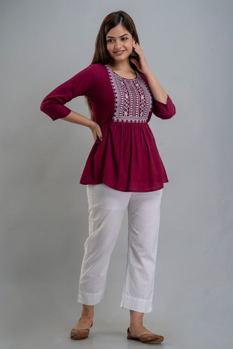 Women's Rayon embroidered Hip Length Formal Tops KRT035WINE