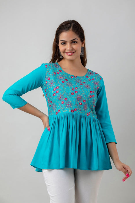 Women's Rayon embroidered Hip Length Formal Tops KRT037TURQUOISE