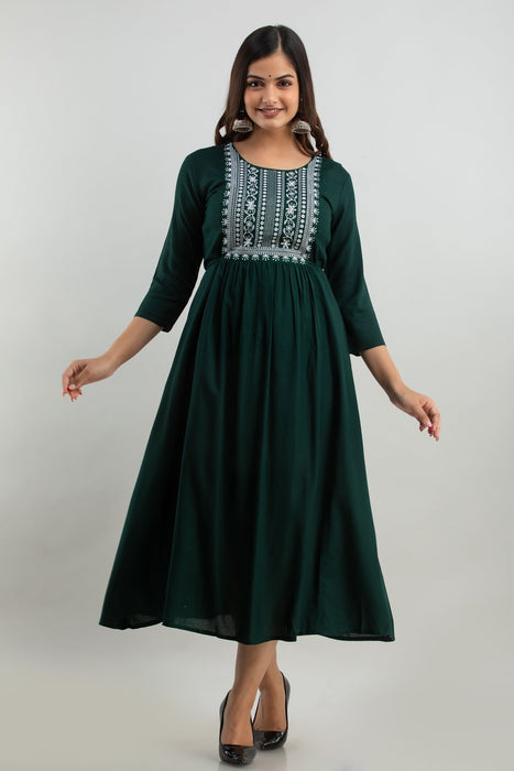 Women's Solid Dyed Rayon Designer Embroidered A-Line Kurta - KR0105GREEN