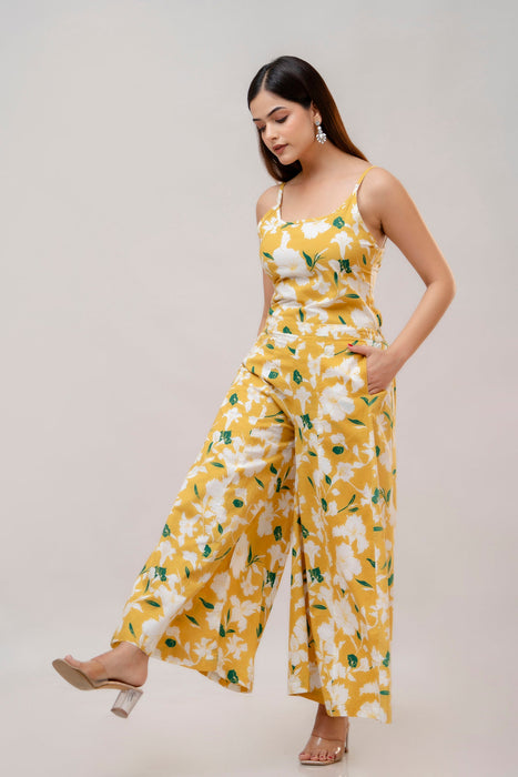 Cotton Sleeveless Yellow Floral Print Co-ord Set-WT6003YELLOW