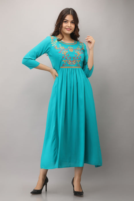 Women's Solid Dyed Rayon Designer Embroidered A-Line Kurta - KR3006TURQUOISE