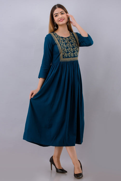 Women's Solid Dyed Rayon Designer Embroidered A-Line Kurta - KR064BLUE