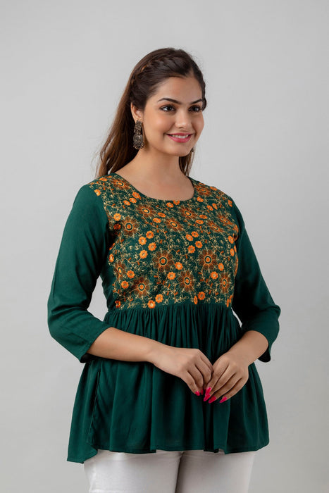 Women's Rayon embroidered Hip Length Formal Tops KRT037GREEN