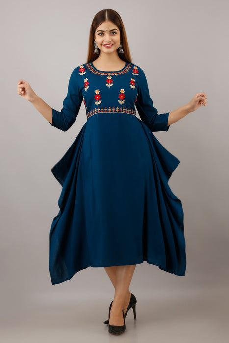 Women's Solid Dyed Rayon Designer Embroidered A-Line Kurta - KR052BLUE