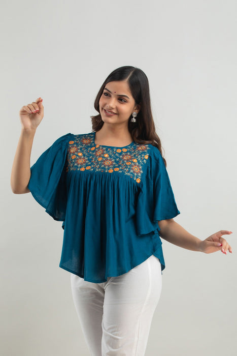 Women's Rayon embroidered Hip Length Formal Tops KRT019BLUE