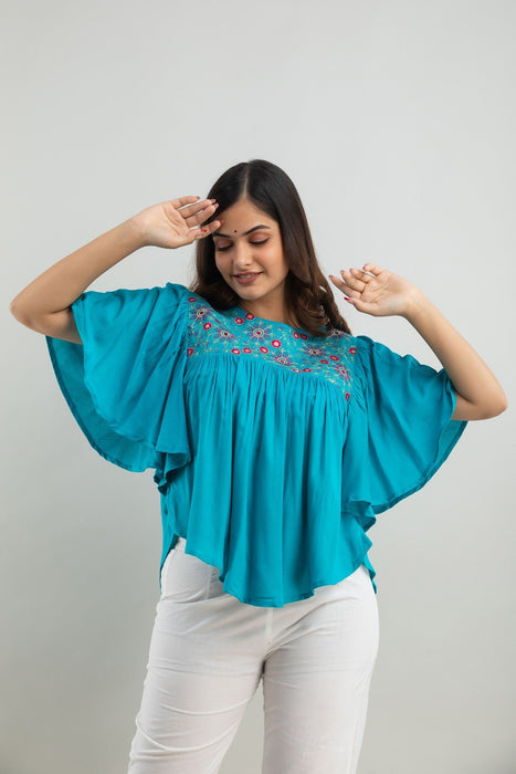 Women's Rayon embroidered Hip Length Formal Tops KRT019TURQUOISE