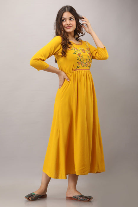 Women's Solid Dyed Rayon Designer Embroidered A-Line Kurta - KR006MUSTARD