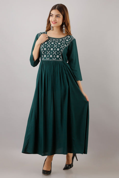 Women's Solid Dyed Rayon Designer Embroidered A-Line Kurta - KR016GREEN