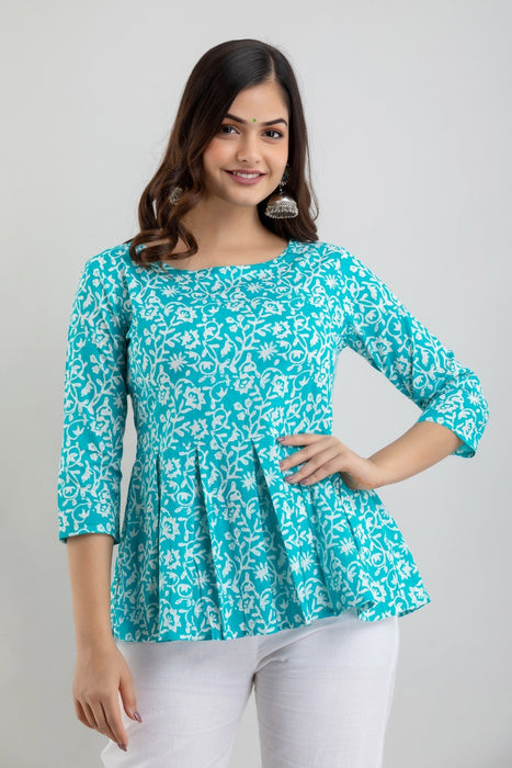 Women's Pure Cotton Printed Hip Length Formal Tops KRT028TURQUOISE