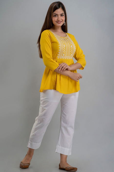 Women's Rayon embroidered Hip Length Formal Tops KRT035YELLOW