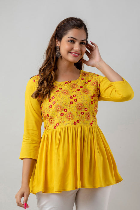 Women's Rayon embroidered Hip Length Formal Tops KRT037MUSTARD