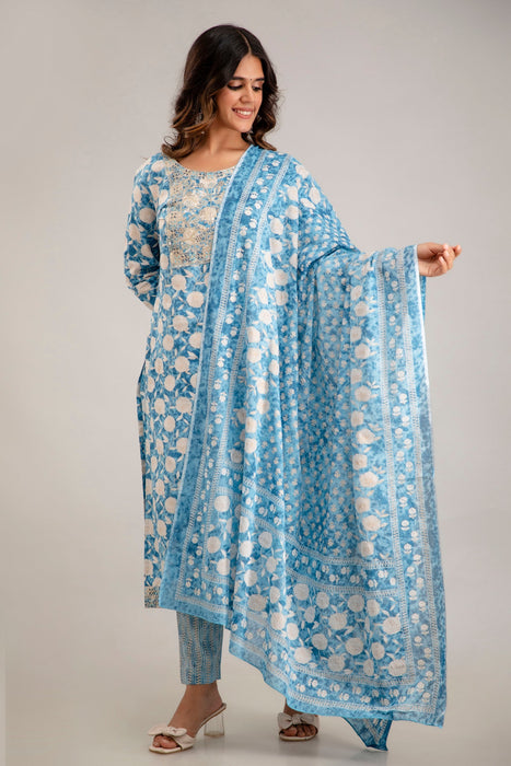 Traditional Zari Embroidery Work A-Line Kurta With Trouser & Dupatta - KR3012BLUE