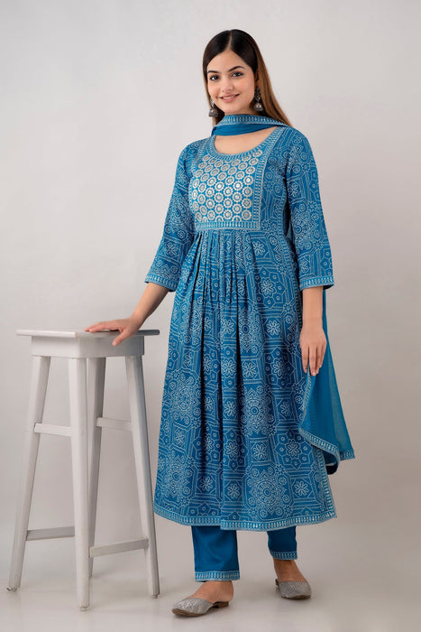 Traditional Zari Embroidery Work A-Line Kurta With Trouser & Dupatta - KR3004BLUE