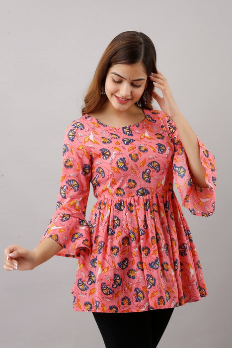 Women's Pure Cotton Printed Hip Length Formal Tops KRT004PINK