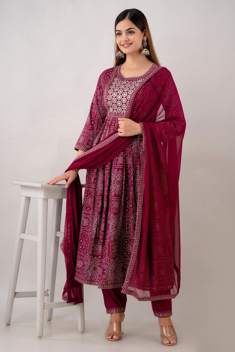 Traditional Zari Embroidery Work A-Line Kurta With Trouser & Dupatta - KR3004WINE