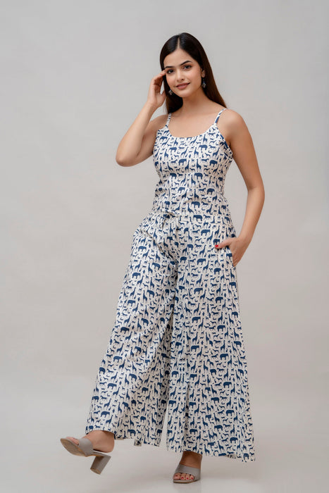 Cotton Sleeveless White and Blue Animal Print Co-ord Set