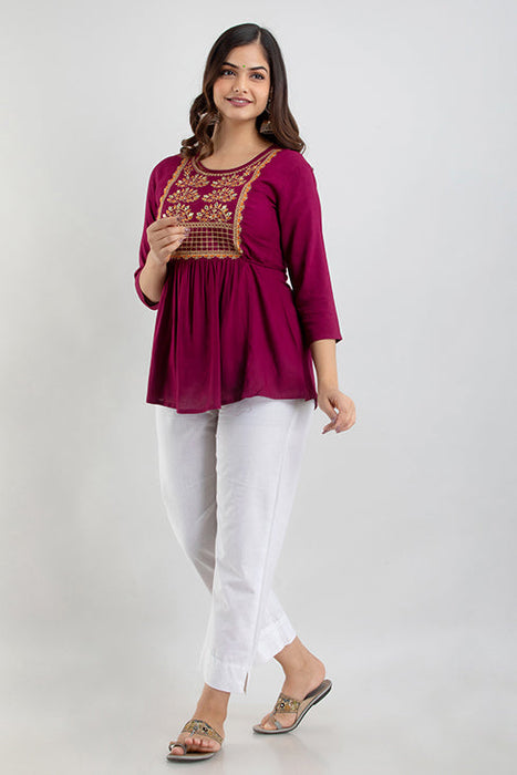 Women's Rayon embroidered Hip Length Formal Tops KRT021WINE