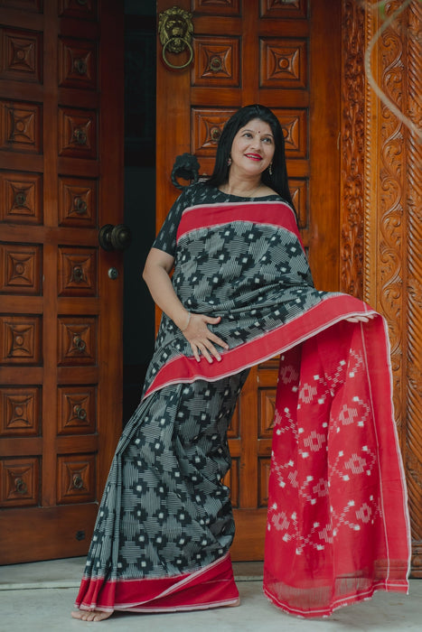 Ikkat Cotton Saree - Black Red