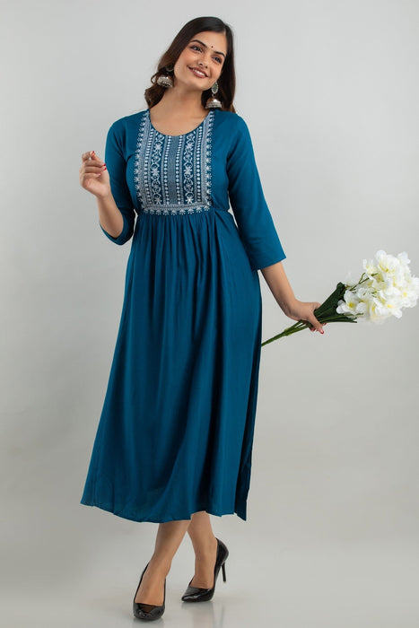 Women's Solid Dyed Rayon Designer Embroidered A-Line Kurta - KR0105BLUE